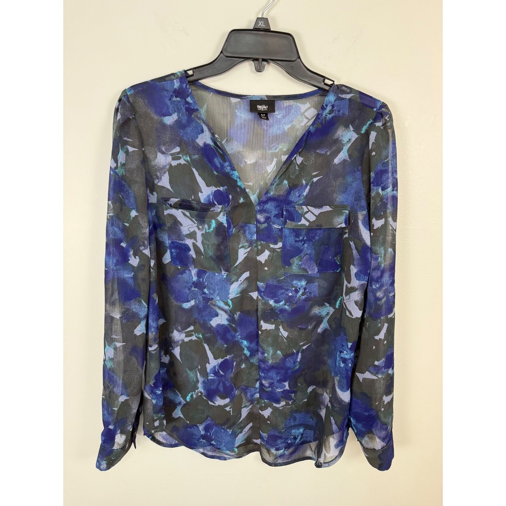 Mossimo Women Blue Floral Sheer V-Neck Long Sleeve Blouse Top Small